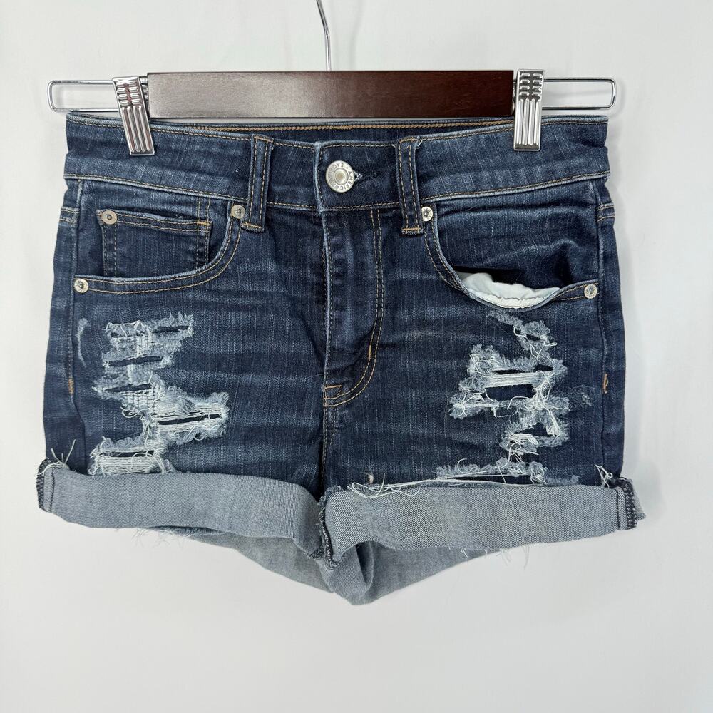 American Eagle Hi-Rise Dark Distressed Denim Shorts Size 2 Casual Fall Layering